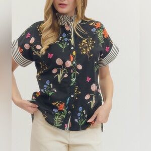 entro Black Floral Short-Sleeve Button-Down Shirt